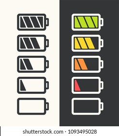 Icon set of batteries with different degree of energy charge. Battery black color; white battery with color scale charge power.