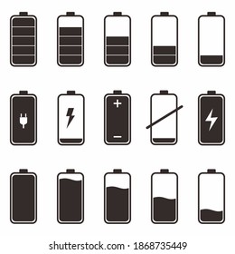Icon set of batteries with different degree of energy charge. Black battery with scale charge power isolated on white background. Flat cartoon vector illustration.