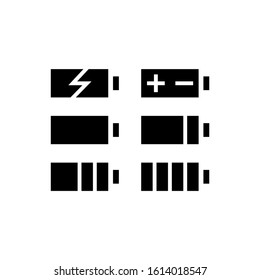 Icon set of battery charge level indicators in black flat shape design on white background