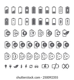 Icon set of battery charge level indicators for interface. Vector illustration.