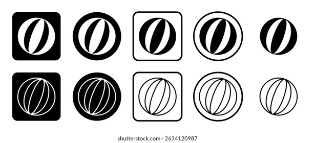 Icon set of beach ball symbol. Filled, outline, black and white icons set, flat style.  Vector illustration on white background