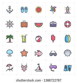 Icon set - Beach full color outline stroke vector illustration on white background