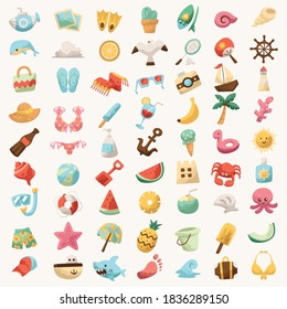Icon Set For Beach Holiday Cute Farbenfroh für die Zeichentour für T-Shirt, Tasche, Accessoires