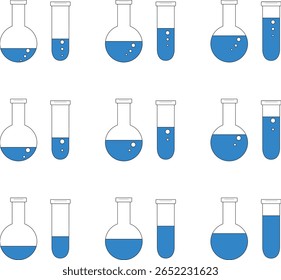 Um conjunto de ícones de copos e tubos de ensaio com líquido azul, adequado para projetos científicos e de pesquisa.