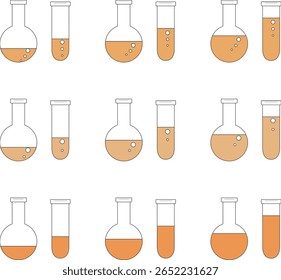 An icon set of beakers and test tubes with orange liquid, perfect for environmental and bio-related themes.