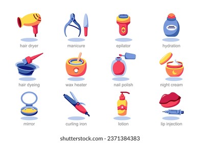 Icon set beauty in flat cartoon design. Care and beauty are the main motif of this picture, which depicts various beauty products: cosmetics, hair dryer, etc. Vector illustration.