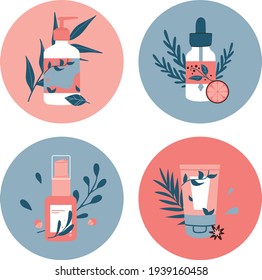 Icon Set for beauty salon, spa. Cosmetics, bottle, jar tube, foam, mask, oil, cream. Aloe vera, leaves, skincare products isolated. Natural organic eco products. Skin care routine beauty objects. 