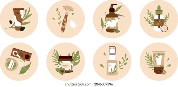 Juego de iconos para salón de belleza, spa. Cosméticos, botellas, tubo de frasco, espuma, máscara, aceite, crema. Aloe vera, hojas, productos para el cuidado de la piel aislados. Productos ecológicos naturales. Cuidado de la piel objetos de belleza rutinarios. 