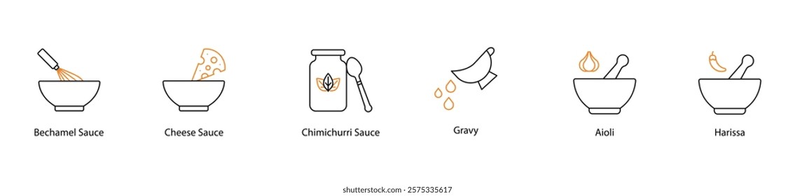 Icon Set: Bechamel, Cheese, Chimichurri, Gravy, Aioli, and Harissa Sauces