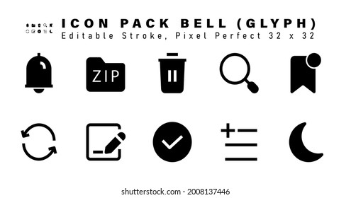 Icon Set of Bell Glyph Icons. Contains such Icons as Bookmark, Repeat, Write, Tick etc. Editable Stroke. 32 x 32 Pixel Perfect