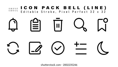 Symbolsatz der Glockenzeilensymbole. Enthält Symbole wie Lesezeichen, Wiederholen, Schreiben, Tick usw. Bearbeitbarer Stroke. 32 x 32 Pixel perfekt