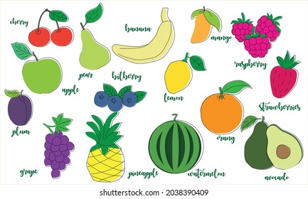 Icon Set von Beeren und Früchten (Pflaumen, Birnen, Apfel, Kirschen, Trauben, Ananas, Banane, Erdbeere, Mango, Heidelbeere, Wassermelone, Orange, Himbeere, Zitrone, Avocado) für die Speisekarte, gesunde Ernährung.