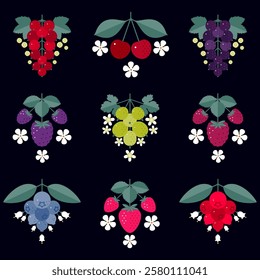 Icon set of berries with leaves and lflowers . Strawberry blueberry lingonberry red currants black currants raspberry gooseberry.