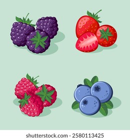 Icon set of berries with leaves and lflowers. Strawberry blueberry raspberry dewberry.