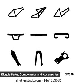 Icon Set of Bicycle Parts, Components, Equipment and Accessories in Glyph Style. EPS 10