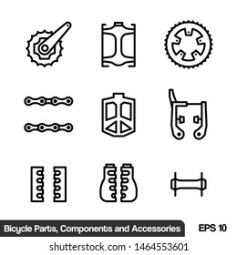 Icon Set of Bicycle Parts, Components, Equipment and Accessories in Line Style. EPS 10