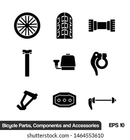 Icon Set of Bicycle Parts, Components, Equipment and Accessories in Glyph Style. EPS 10