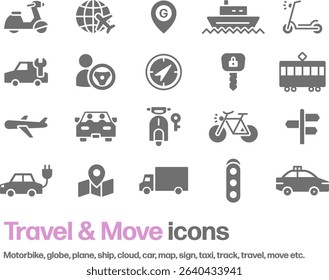 Icon set of bike, plane, ship, travel, transportation, etc.