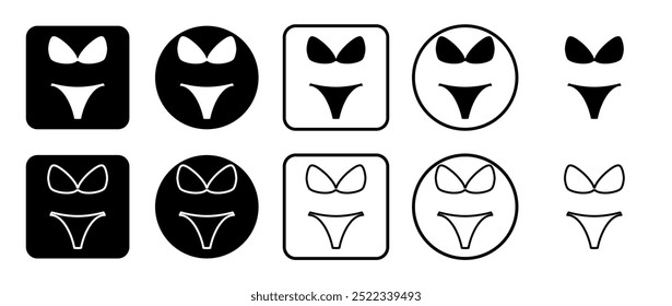 Conjunto de iconos de símbolo de bikini. Relleno, contorno, conjunto de iconos en blanco y negro, estilo plano.  Ilustración vectorial sobre fondo blanco