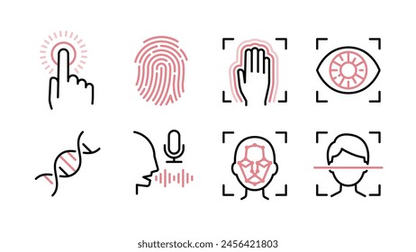 Icon set for biometric authentication, fingerprint, palm vein, iris, DNA, voice, and face, Variable line width