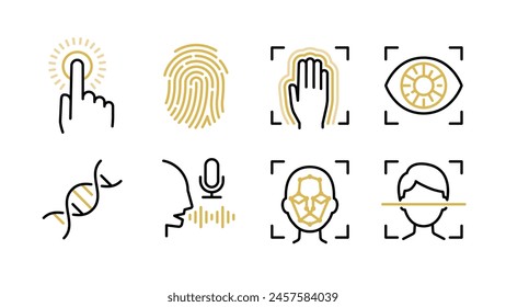 Icon set for biometric authentication, fingerprint, palm vein, iris, DNA, voice, and face, Variable line width