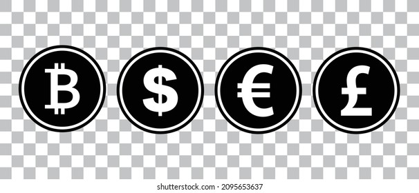 Juego de iconos de las monedas negras en bitcoin, dólar, libra y euro. Siluetas sobre monedas. Vectores.