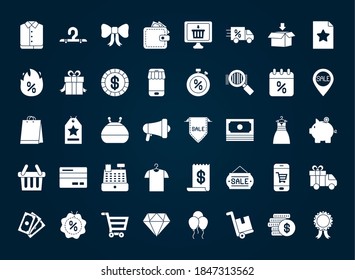icon set of black friday over black background, silhouette style, vector illustration