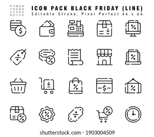 Icon Set of black friday Vector Line Icons. Contains such Icons as Wallet, Price discount, Package etc. Editable Stroke. 64x64 Pixel Perfect