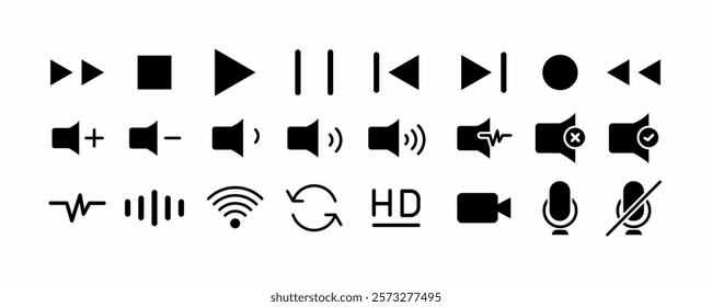 icon Set of Black glyphs of media player controls and settings. Perfect for graphic design projects related to multimedia user interfaces or apps.