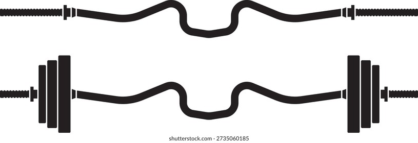 Ein Icon-Set von schwarzen Vektorgrafik von 1 Zoll Durchmesser Super EZ Bars. Auf einer Leiste oben sind keine Gewichtsplatten aufgelegt. Der andere Balken unten ist mit Gewichtsplatten beladen. Super EZ Bar ist eine Art EZ Bar mit aggressiveren Kurven als die Standard-EZ-Bar, die für das Training der Trizeps, Bizeps und Unterarme verwendet wird. Viele regelmäßige und Fitnessstudios nutzen dieses Gerät beim Krafttraining.