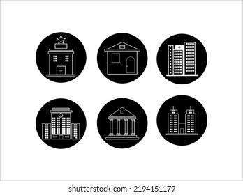 Icono conjunto de ilustraciones de edificios en blanco y negro 