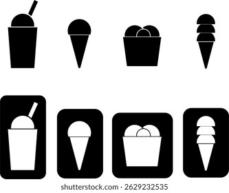 Icon set in black and white for ice cream parlors