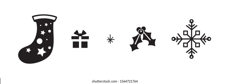 Icon Set black and white with naif simple and plane design of five graphic elements. A decorated santa sock, a gift box, a star, christmas greenery leaf poinsettia and snow flake for winter holidays