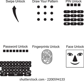 icon set black and white types of smartphone security types such as swipe, pattern, pin, password, face id, fingerprint unlock