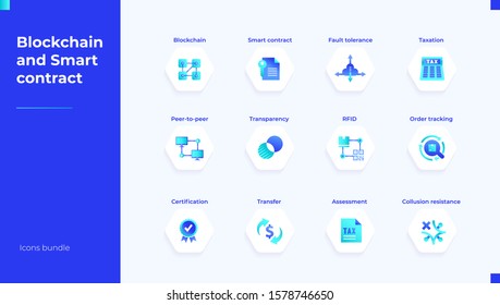 Icon set of Block chain Smart contract Taxation Peer to peer Transparency RFID Order tracking Transaction Certification Fintech Bitcoin Data Fault tolerance. Isolated vector illustration