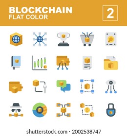 Icon Set Blockchain with flat color style. Contains such of website, network, trophy, cart, book, wallet, maintenace, vision, P2P, sync and more. You can use for web, app and more. Editable stroke.