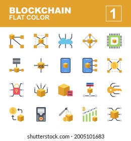 Icon Set Blockchain with flat color style. Contains such of distributed, cloud, server, transaction, mobile blockchain, security, node and more. You can use for web, app and more.