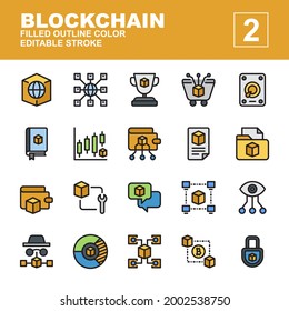 Icon Set Blockchain with line color style. Contains such of website, network, trophy, cart, book, wallet, maintenace, vision, P2P, sync and more. You can use for web, app and more. Editable stroke.