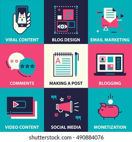 Icon set of blogging and social media marketing. Blog planning, promotion. Making steady income from a blog. Mood board and ideas.  