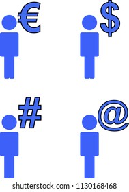An icon set with a blue man for 4 different concepts: with Euro symbol, with dollar symbol, with # and with e.mail symbol - Vector