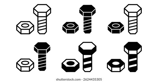 Icon Set of Bolts and Nuts Black and White Color Vector Design Illustration