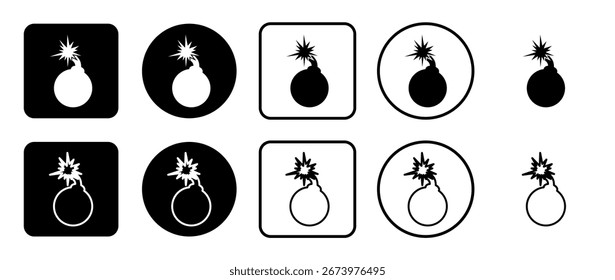 Conjunto de ícones do símbolo da bomba. Preenchido, contorno, conjunto de ícones preto e branco, estilo plano.  Ilustração vetorial sobre fundo branco