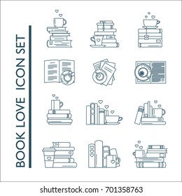 Icon set for book fans. Book stacks, coffee or tea mugs and paper cups. Heart elements as steam, tea tag or cookie. I love to read concept. Vector isolated, linear style.