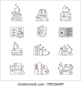 Icon set for book fans. Book stacks, coffee or tea mugs and paper cups. Heart elements as steam, tea tag or cookie. I love to read concept. Vector isolated, linear style.