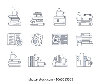 Icon set for book lovers. Book stacks, coffee or tea mugs and paper cups. Heart elements as steam, tea tag or cookie. I love to read concept. Vector isolated, linear style.