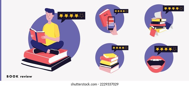 icon set of book review, reader recommendation, e book feedback, publishing review. illustration of book pile, man reading a book, speech bubble with stars 