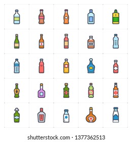 Icon set - bottle and beverage outline stroke full color vector illustration on white background
