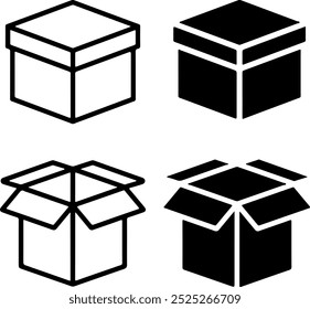Conjunto de iconos de caja de envío de paquete de envío de paquete de importación de exportación de devolución de distribución. Ilustraciones vectoriales planas aisladas en el fondo blanco y transparente