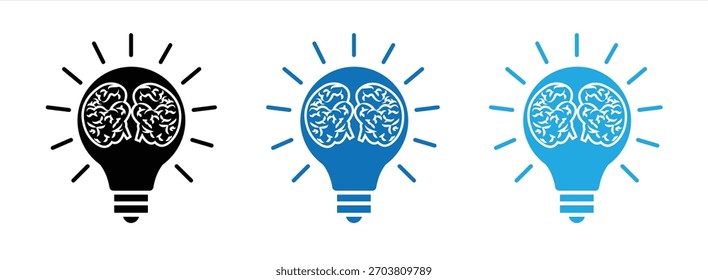Conjunto de iconos de cerebro en una bombilla. Creativo, generando ideas, soluciones, conocimiento, Ilustración vectorial