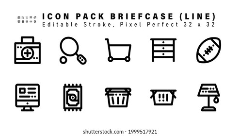 Icon Set of Briefcase Line Icons. Contains such Icons as Rugby Ball, Monitor, Carpet, Shopping Cart etc. Editable Stroke. 32 x 32 Pixel Perfect